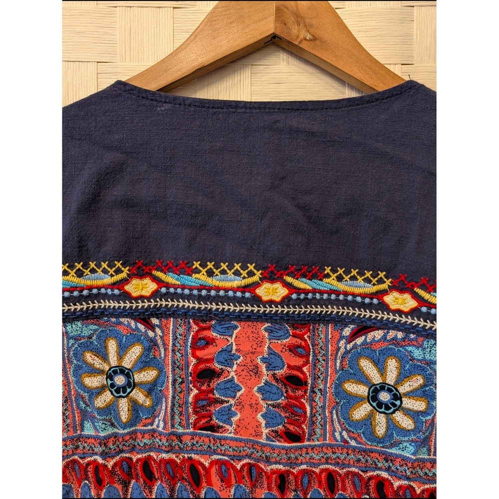 Caleasa Navy Blue Embroidered V-Neck Ikat Floral Boho Tunic Top Large - Picture 11 of 16